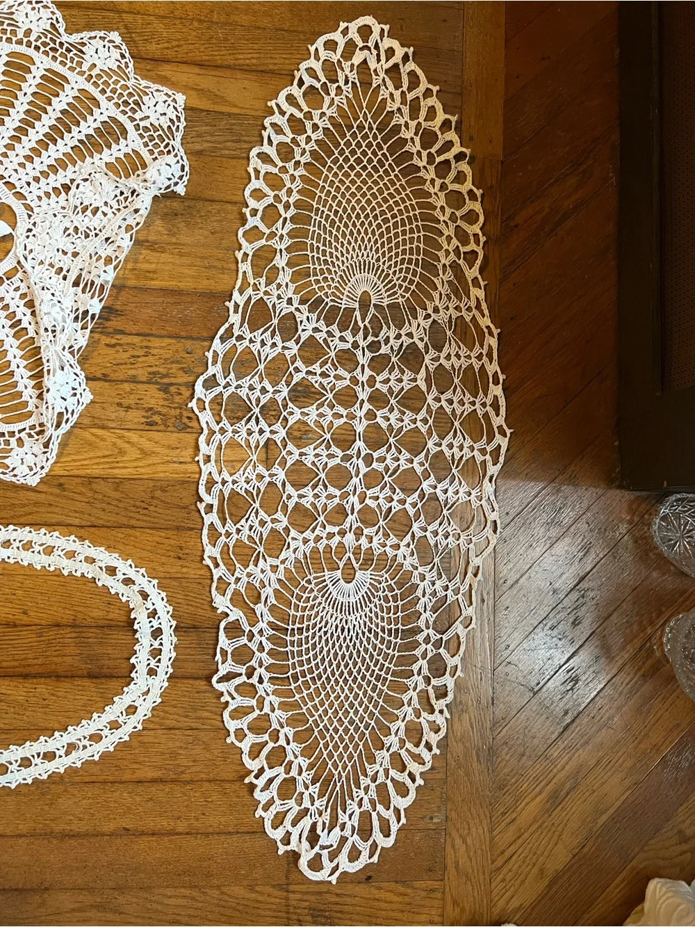 Set of three unique Vintage Handmade White Crochet Doilies Set